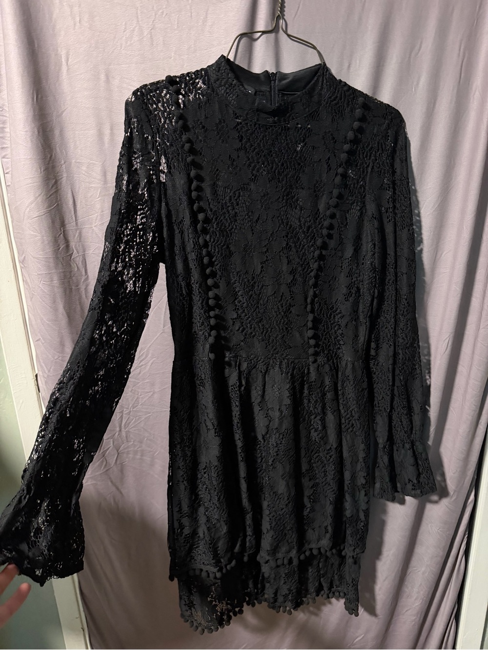 Women's Black Lace Long Sleeve Mini Dress with Pom Trim